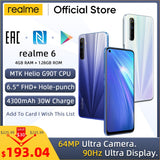 realme 6 Global Version 4GB RAM 128GB ROM Mobile Phone 90Hz Display Helio G90T 30W Flash Charge 4300mAh 64MP Camera Cellphone